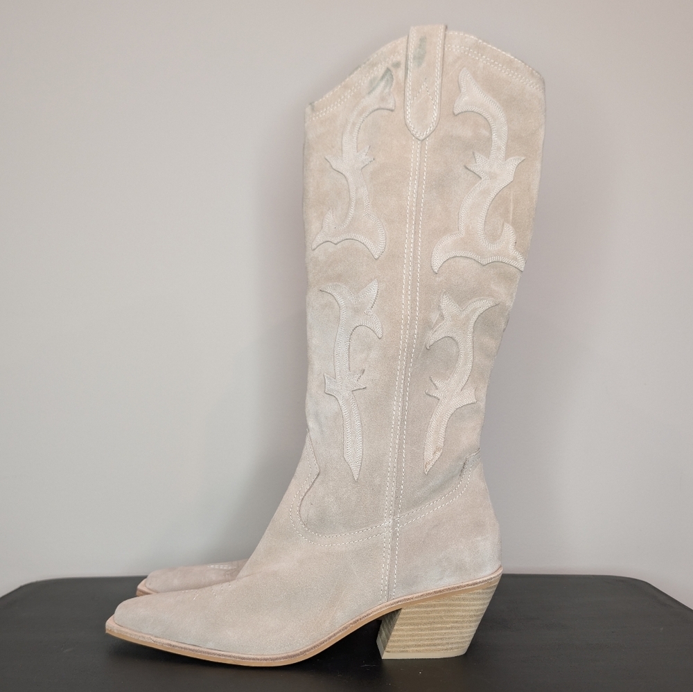Dolce Vita Samare Tall Suede Cowboy Western Boots Taupe Size 12 - Picture 6 of 14